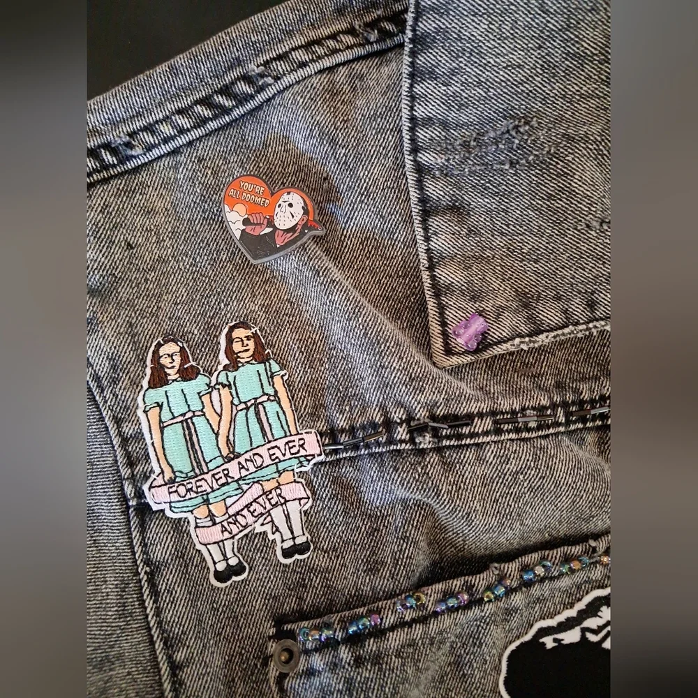 Custom RAGE Horror Cropped Grey Denim Jacket! OOAK Unique Fandom Wear! Friday 13 - Picture 7 of 16